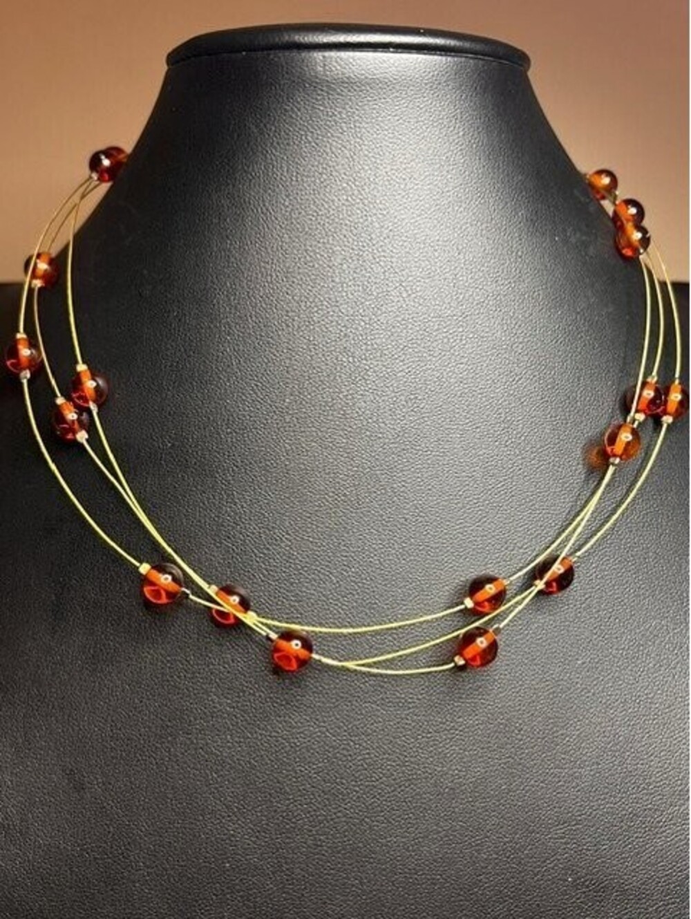 B5933 3-Strand Floating Amber Necklace Gold Tone Wire Sterling silver clasp 18" - Picture 1 of 3